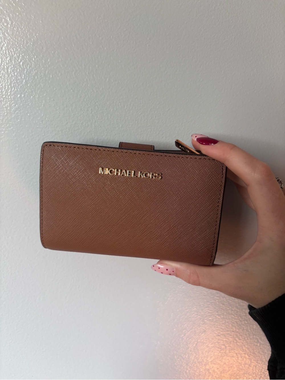 Michael Kors Tan Saffiano Leather Compact Wallet with Gold Logo